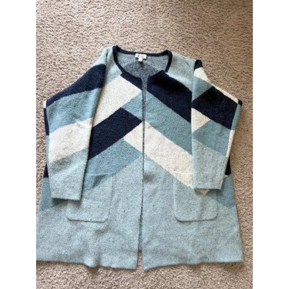 Denim & Co Blue Chevron Geometric Open Front Cardigan Sweater 3XP A388573